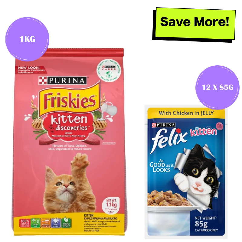 -Splash-proof food bowl AND Anti-choking slow food bowlFriskies Kitten Cat Dry Food and Purina Felix Chicken with Jelly Kitten Cat Wet Food Combo -Splash-proof food bowl AND Anti-choking slow food bowlFriskies Kitten Cat Dry Food and Purina Felix Chicken with Jelly Kitten Cat Wet Food Combo