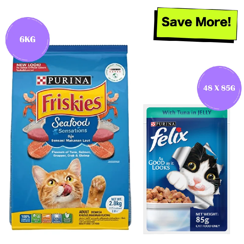 Pet ProductsFriskies Seafood Cat Dry Food and Purina Felix Tuna with Jelly Adult Cat Wet Food Combo
