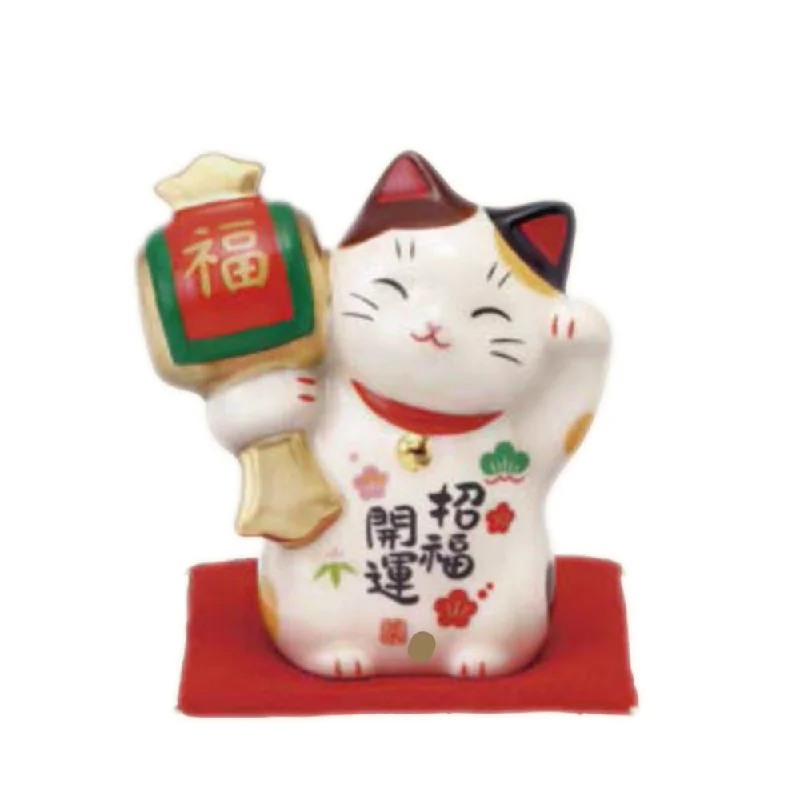 ---Invites Luck Beckoning Cat with Hammer With Zabuton Cushion Ceramic Ornament