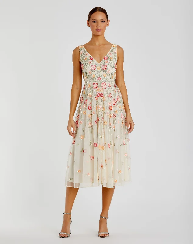 V-neck Sleeveless Midi Floral Beaded  A-line Dress