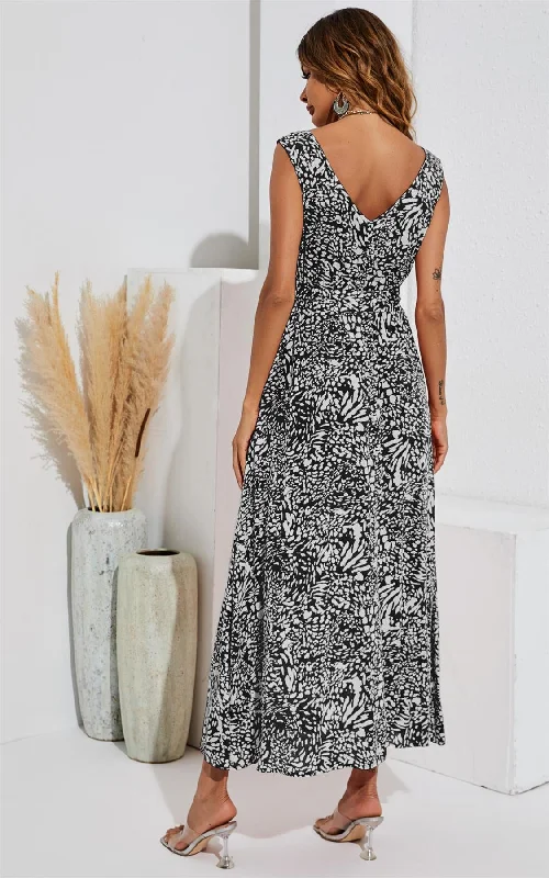 Animal Print Double Sided V Neck Maxi Dress In Black