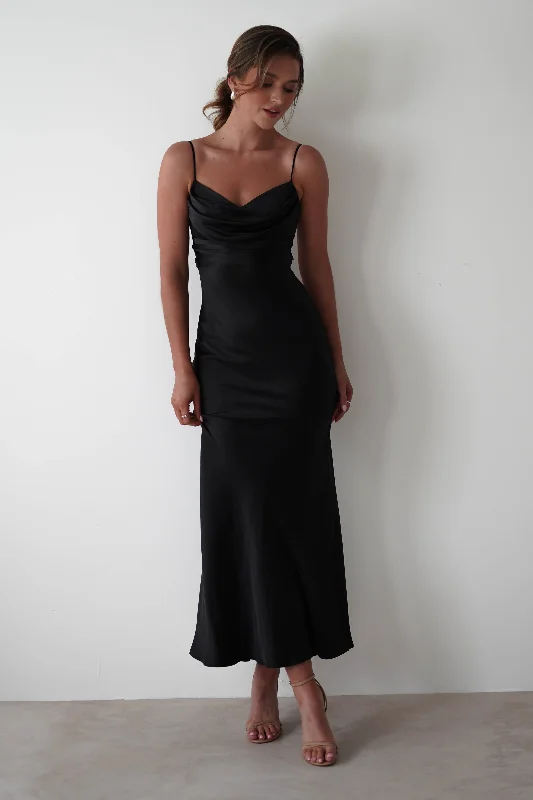 Everleigh Soft Satin Midi Dress | Black