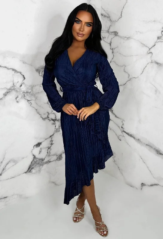 For The Frills Navy Stretch Belted Plisse Frill Hem Wrap Midi Dress