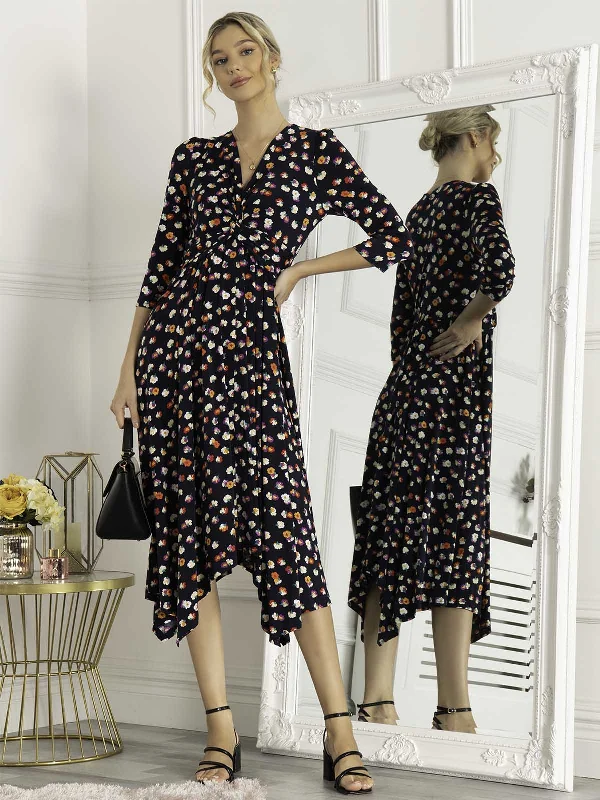 Jolie Moi Knot Front Hanky Hem Dress, Navy Floral