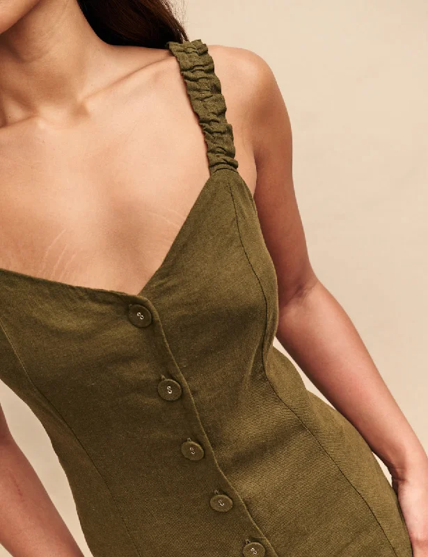 Khaki Green Linen-blend Gill Midi Dress