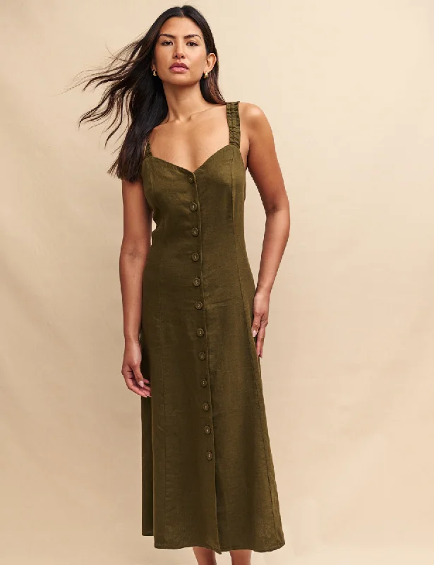 Khaki Green Linen-blend Gill Midi Dress