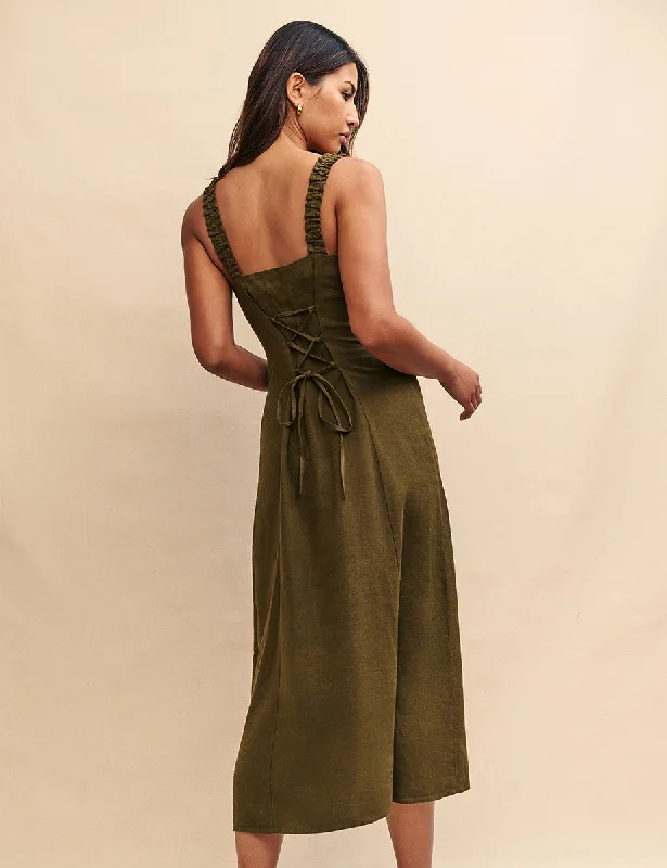 Khaki Green Linen-blend Gill Midi Dress