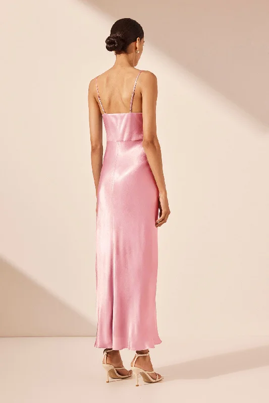 LA LUNE DRAPED SIDE SPLIT MIDI DRESS - PEONY