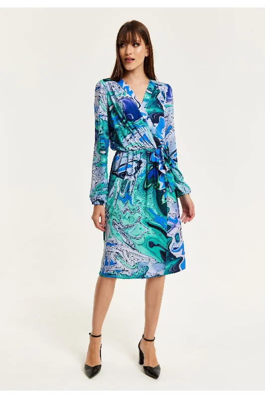 Liquorish Turquoise Marble Print Midi Wrap Dress