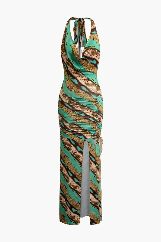 Stripe Ruched Halter Backless Cowl Neck Slit Midi Dress