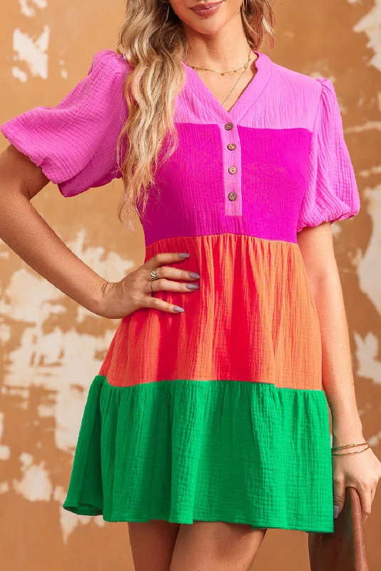 Colorblock Tiered Puff Sleeve Dress