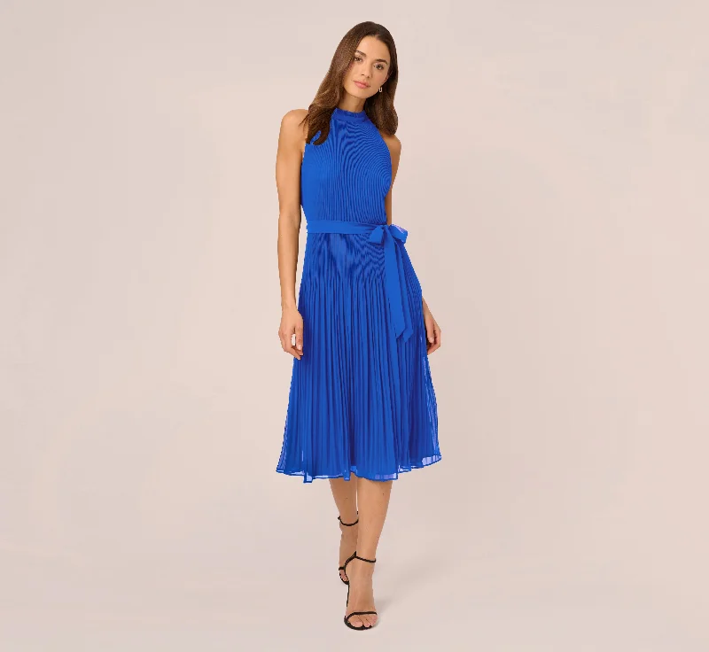 Pleated Sleeveless Chiffon Dress With Tie Waist In Dark Cobalt