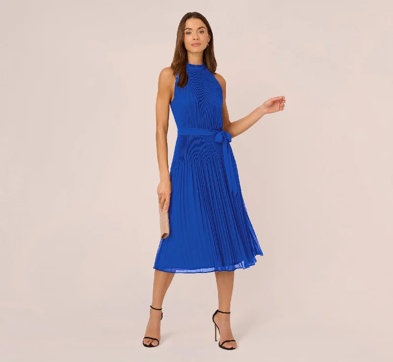 Pleated Sleeveless Chiffon Dress With Tie Waist In Dark Cobalt