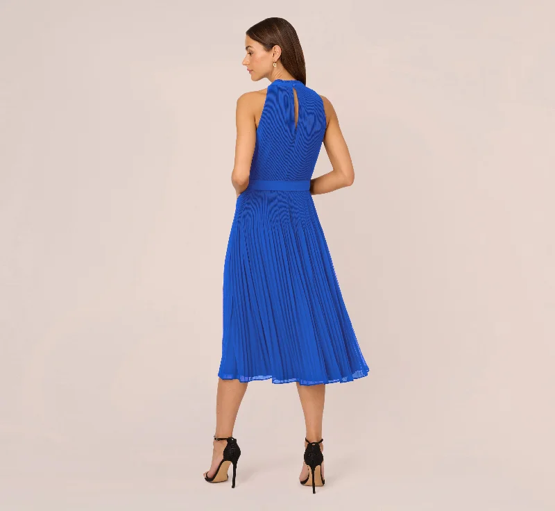 Pleated Sleeveless Chiffon Dress With Tie Waist In Dark Cobalt