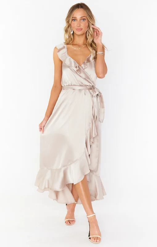 Samantha Ruffle Wrap Dress ~ Show Me The Ring Luxe Satin