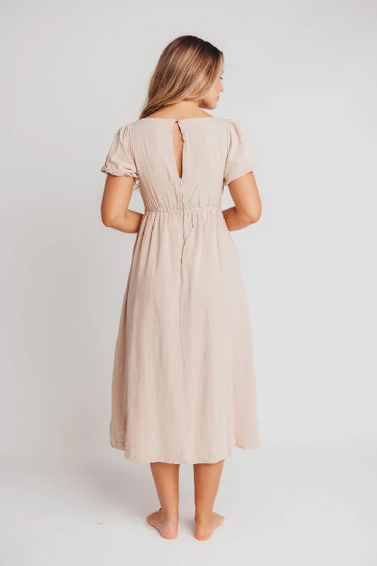 Ainsley Square Neck Midi Dress with Puffed Sleeves in Deep Taupe - Bump Friendly