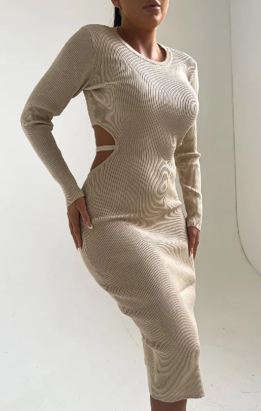 Stone Ribbed Long Sleeve Open Back Bodycon Midi Dress - Holly