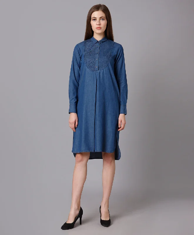 Yoke Pleated Denim Shirt Dress