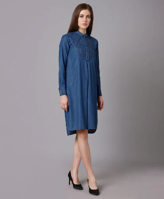 Yoke Pleated Denim Shirt Dress