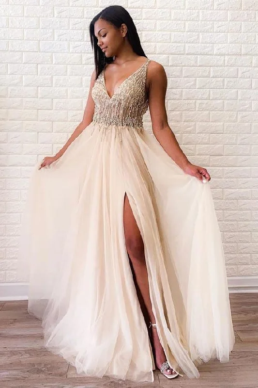 A-line Tulle Sexy Deep V Neck Side-Slit Beaded Long Prom Evening Dress   PSK012