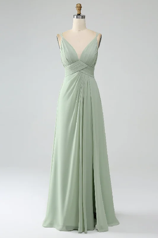 Dusty Sage A-Line Spaghetti Straps Pleated Chiffon Long Bridesmaid Dress