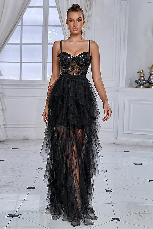 Glitter Black Corset Spaghetti Straps Long Formal Dress with Ruffles