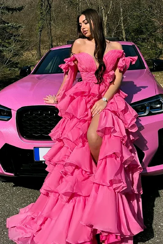 Princess Fuchsia A-Line Deep V-Neck  Tiered Long Prom Dress With Slit