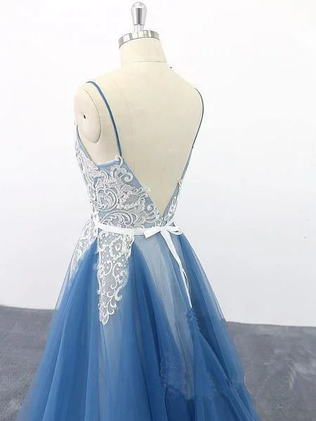 Spaghetti Straps A Line Ivory Appliqued Blue Tulle Prom Dresses  PSK009