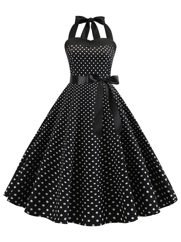 1950s Polka Dot Bow Tie Halter Swing Dress