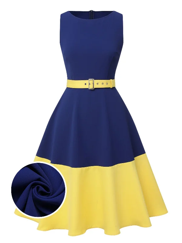 Dark Blue & Yellow 1950s Solid Boat Neck Dress