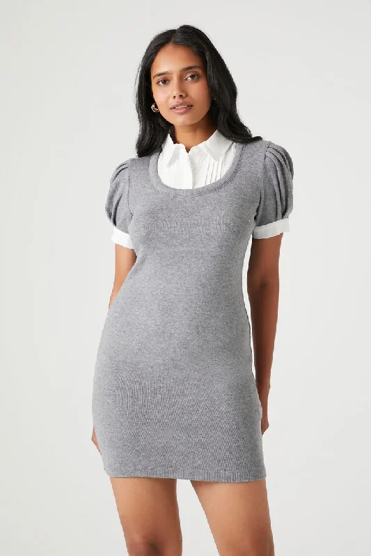 Forever 21 Women's Puff-Sleeve Combo Mini Shirt Dress Heather Grey/White