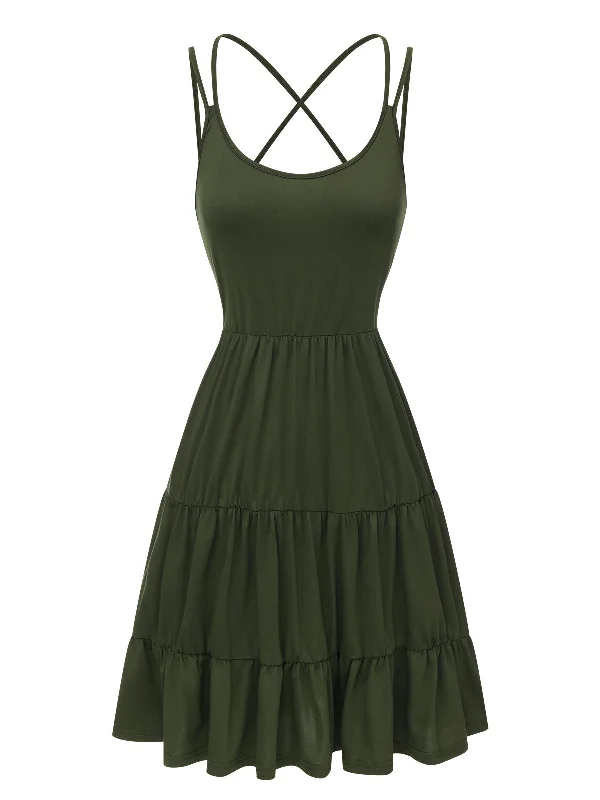 Dark Green 1930s Solid Suspender Cake Dress