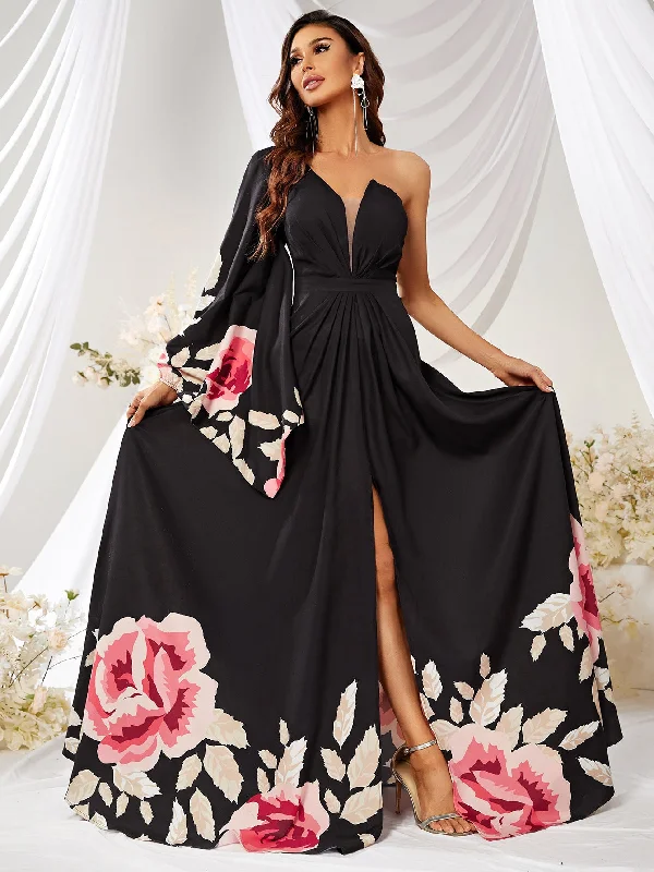 NiDELL New Chiffon Single Sleeve Printed Dress Design High-End Long Dress Split Large Swing Skirt Cross-Border Dress-Ssy262