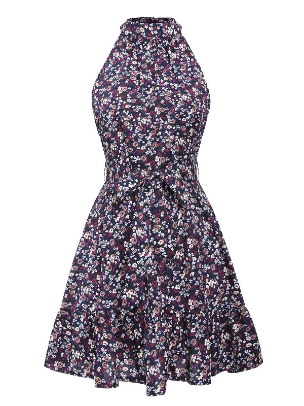 Purple 1950s Ditsy Floral Sleeveless Dress