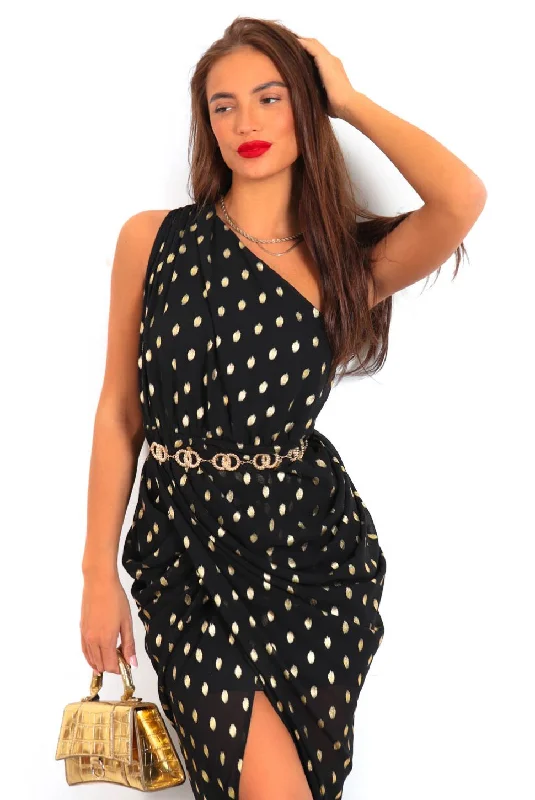 Shes Irreplaceable - Black Gold Spot Ruched One Shoulder Maxi Dress