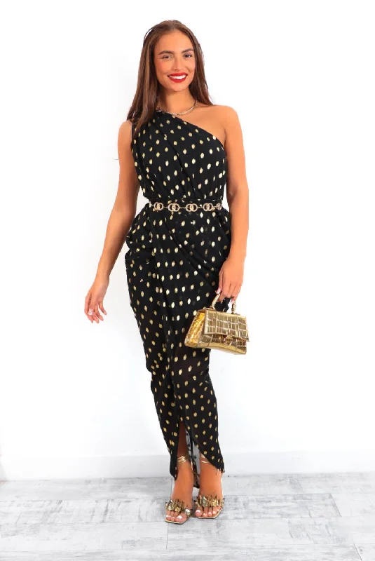 Shes Irreplaceable - Black Gold Spot Ruched One Shoulder Maxi Dress