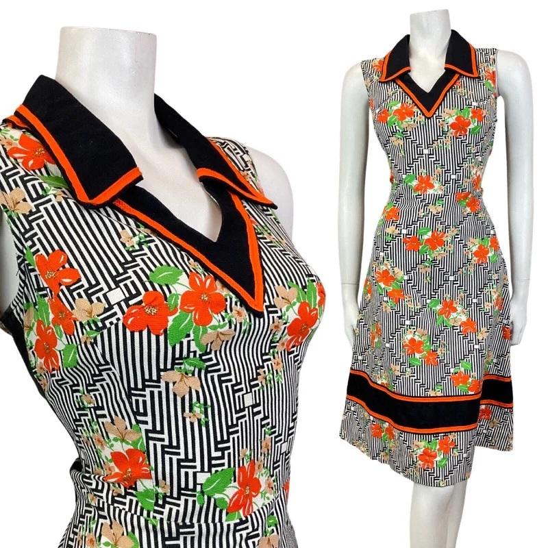 VINTAGE 60s 70s BLACK WHITE ORANGE GEOMETRIC OP-ART FLORAL DAGGER DRESS 10 12