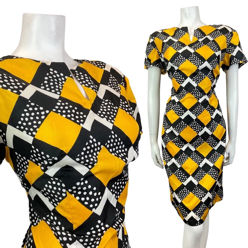 VINTAGE 60s 70s BLACK YELLOW WHITE GEOMETRIC DOTTY MOD SHORT DRESS 12 14