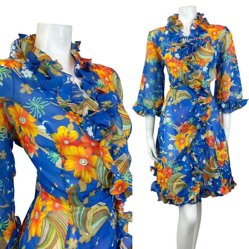 VINTAGE 60s 70s BLUE ORANGE YELLOW FLORAL RUFFLED SHEER WRAP DRESS 12 14