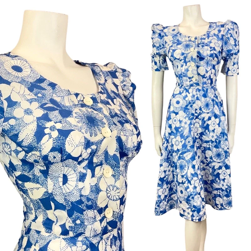 VINTAGE 60s 70s BLUE WHITE FLORAL PUFF SLEEVE SWING DRESS 8