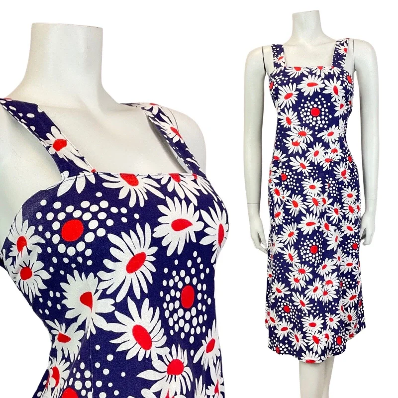 VINTAGE 60s 70s BLUE WHITE RED DAISY FLOWER DOTTY SUMMER APRON DRESS 10