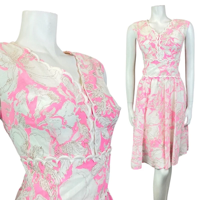 VINTAGE 60s 70s BRIGHT PINK WHITE FLORAL SCALLOPED SLEEVELESS DRESS 12 14