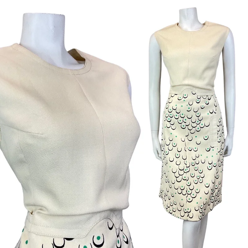 VINTAGE 60s 70s CREAM BLACK GREEN DOTTY LUCIE LINDEN SLEEVELESS DRESS 14 16