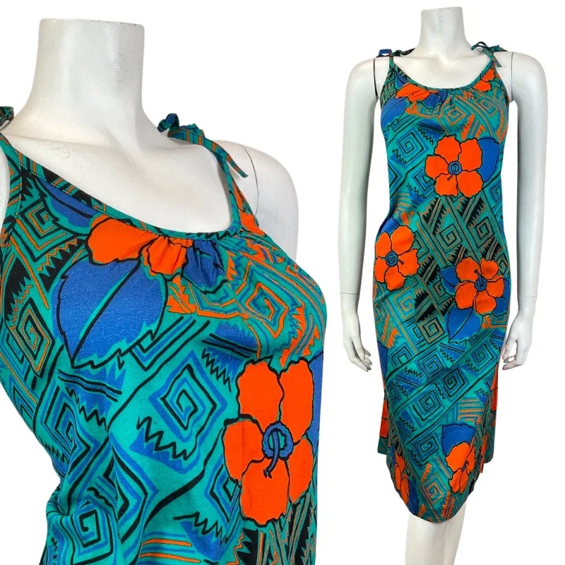 VINTAGE 60s 70s GREEN BLUE ORANGE HAWAIIAN FLORAL GEOMETRIC SUN DRESS 10