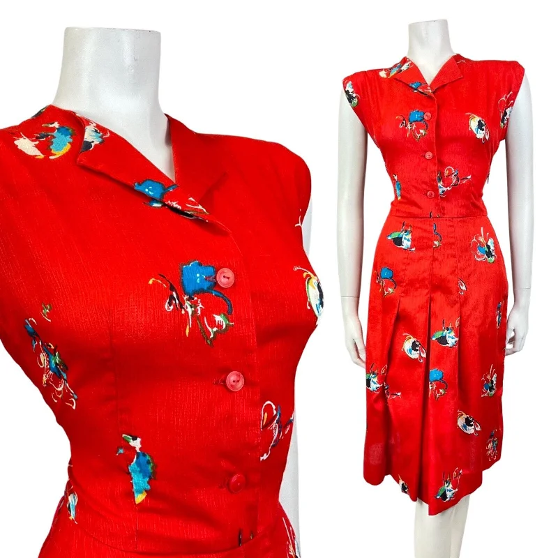 VINTAGE 60s 70s PILLARBOX RED BLUE FLORAL ABSTRACT SLEEVELESS SHIRT DRESS 12 14