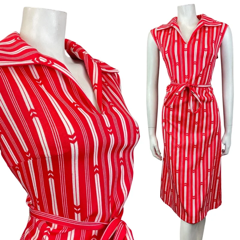 VINTAGE 60s 70s PILLARBOX RED WHITE STRIPED WING COLLAR SHIRT DRESS 12 14