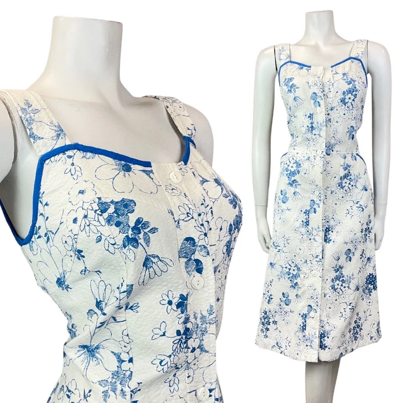 VINTAGE 60s 70s WHITE BLUE FLORAL PRAIRIE BOHO SUMMER APRON SUN DRESS 8