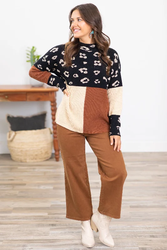 Black and Tan Colorblock Animal Print Sweater