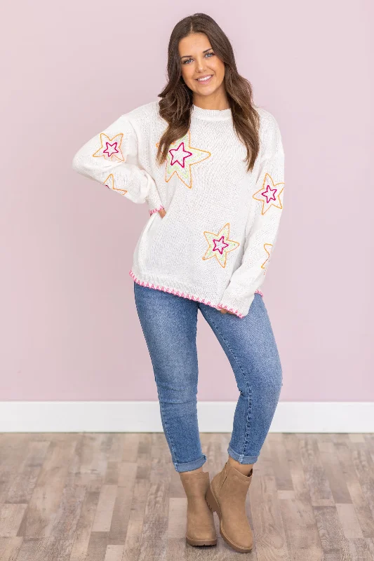 Ivory Sweater With Neon Star Embroidery