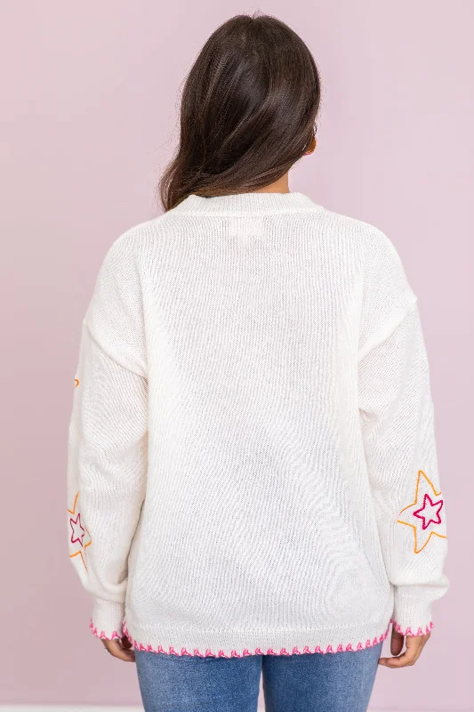 Ivory Sweater With Neon Star Embroidery